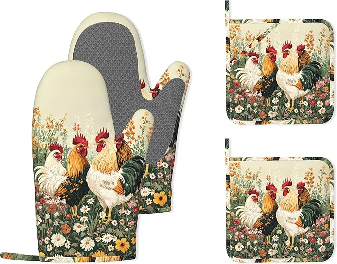 Chicken Rooster Farm Flower Heat-Resistant Silicone Oven Mitts and Pot Holder 4 Piece Set,Non-Slip Kitchen Oven Gloves for Baking, BBQ, Cooking,Grilling