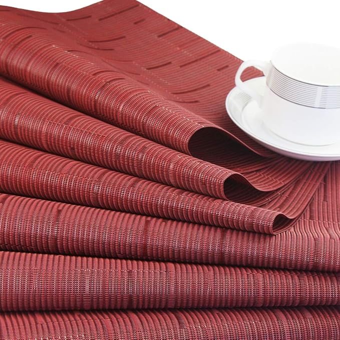 PIGCHCY Placemats,Washable Durable Woven Vinyl Placemats for Dining Table,Heat Resistant Plastic Placemats Set of 6 (18 x 12 inches,Burgundy Red)