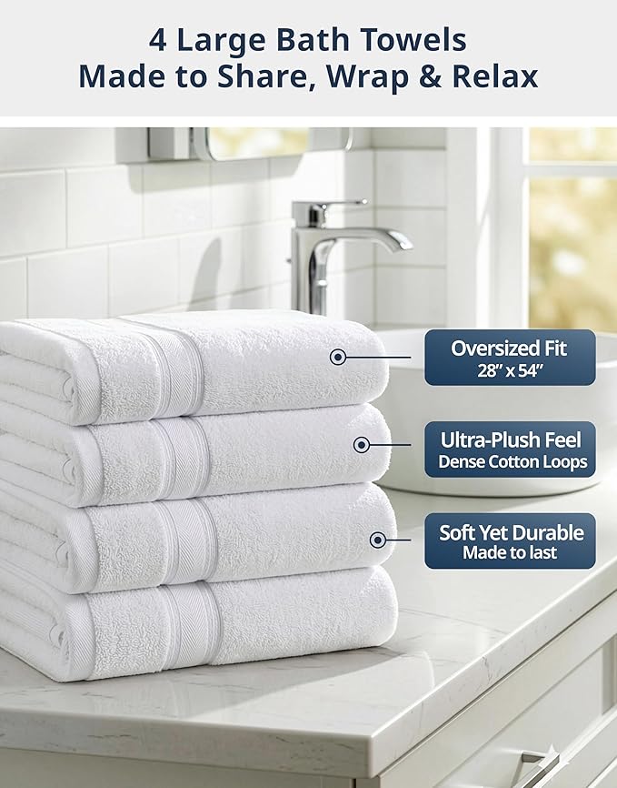 LANE LINEN 100% Cotton 4 Pack Bath Towels (28"x54") - Zero Twist, Cotton - Large Towels for Bathroom - Quick Drying, Highly Soft & Absorbent Shower Towel Set - Hotel & Spa Quality - White Towel Set