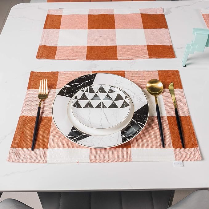 Orange Placemats Set of 4, Linen Buffalo Plaid Double Layer Spring Placemats Check Kitchen Table Mats,Waterproof Heat Resistant Durable Cloth Washable Placemat 13 x 19 Inches