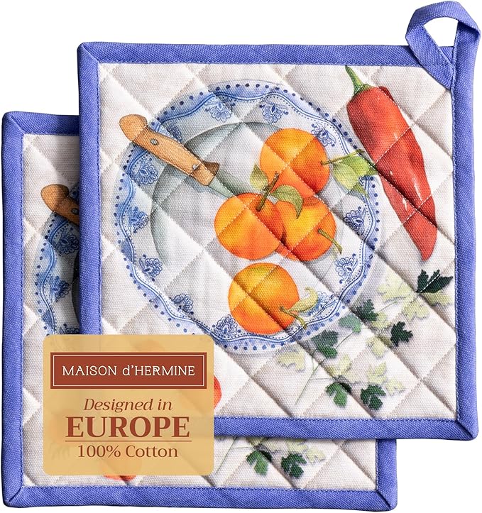 Maison d' Hermine Pot Holders 100% Cotton Heat Resistant Potholders 8" x 8" Hot Pads with Loop BBQ Cooking Baking Gifts for Mothers Day Handling Hot Pans Spring/Summer (Pack of 2, Gourmand)