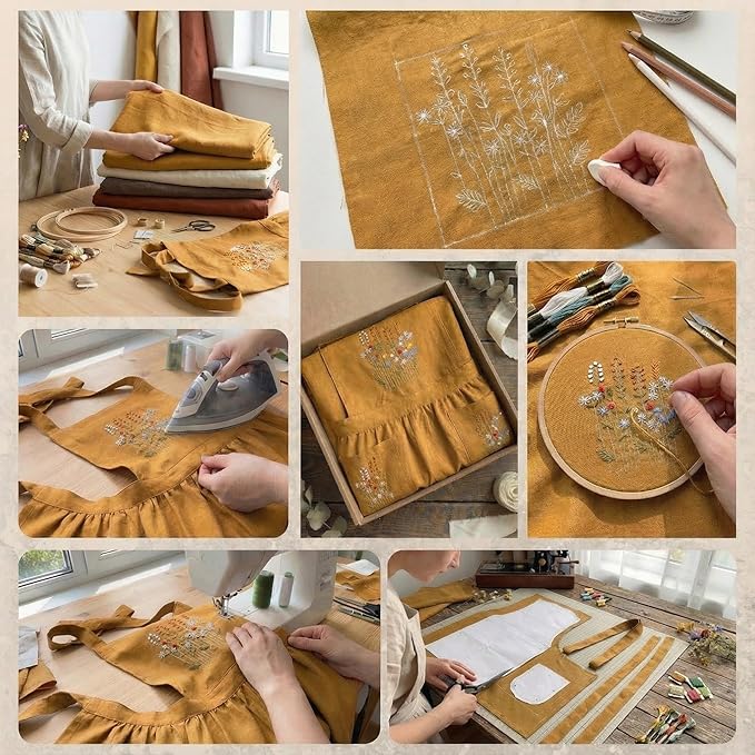 +Linen Embroidered +Apron For +Women With +Pockets, Cute Kitchen Apron, +Cooking +Baking Gifts For Her