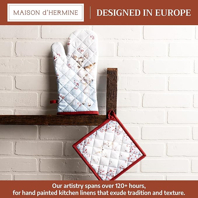 Maison d' Hermine 100% Cotton Oven Mitt & Pot Holder Set (7.5"x13" & 8"x8") Heat Resistant BBQ Cooking Gloves with Loop for Thanksgiving Christmas Decorations Handling Hot Pans (Fairy Tale Forest)