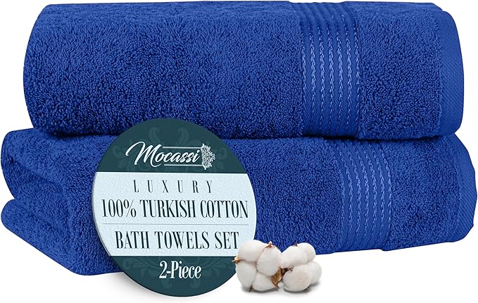 Mocassi Luxury 100% Turkish Cotton 2-Pack Bath Towel Set- Ultra Soft, Quick Dry Highly Absorbent 27 x 54 inch Premium Spa Hotel Quality 2PC Bath Towels - Luxurious Soft Bathroom Towels, Royal Blue