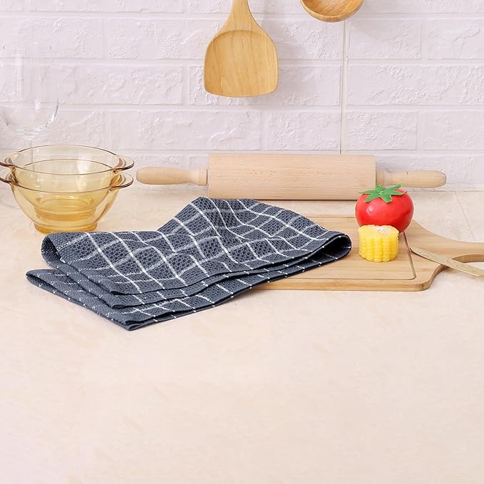 Homaxy 100% Cotton Kitchen Towels 4 Pack-15 X 25 Inches, Check Design Waffle Weave Hand Tea Towels, Super Soft and Absorbent Dish Towel for Drying Dishes, Grey