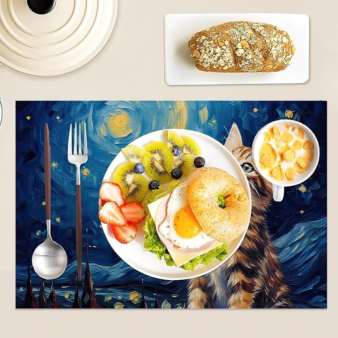 Set of 6 Washable Cute Cat Placemats Non-Slip Heat-Resistant12x18 Inch Thick Decorative Van Gogh Starry NightLinen Table Mats for Dining Table Home Décor