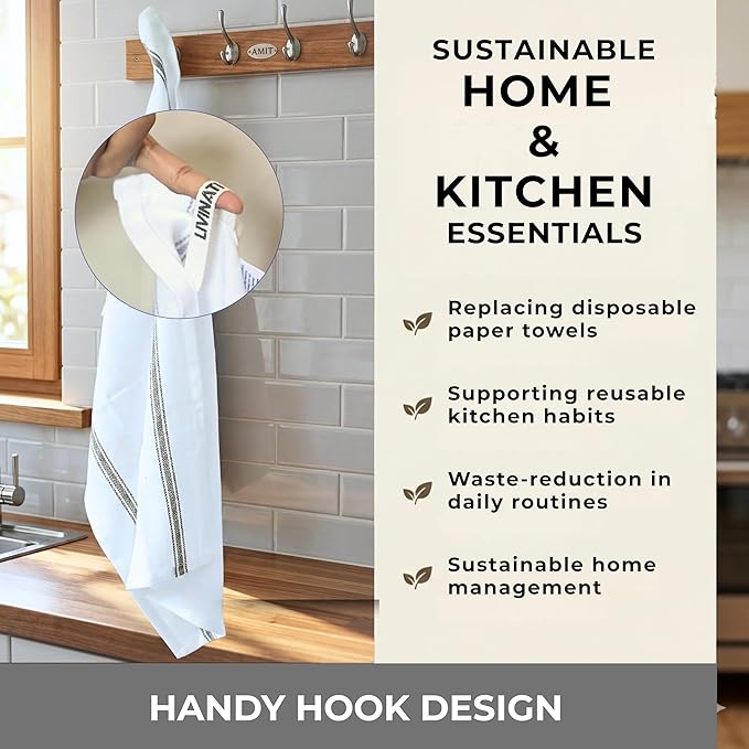 Bulk Kitchen Towels Cotton for Chefs in Commercial Restaurants - 15"X25" - 6 Pack - White Linen Tea Dish Towels - Lint Free Soft Absorbent Side Gray Striped Herringbone Weave Towles