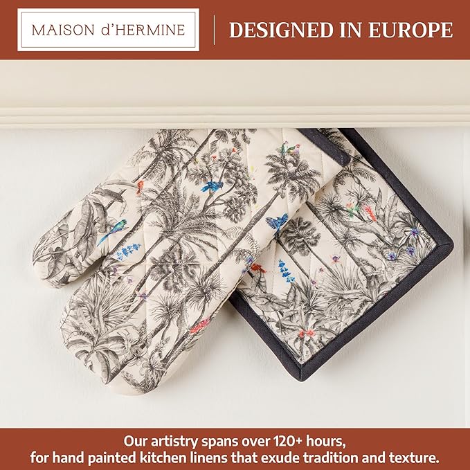 Maison d' Hermine 100% Cotton Oven Mitt & Pot Holder Set (7.5"x13" & 8"x8") Heat Resistant BBQ Cooking Gloves with Loop for Thanksgiving Christmas Decorations Handling Hot Pans (Amazonia)