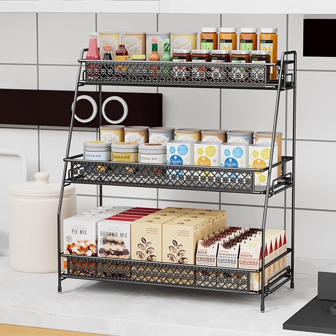 Vintage 3 Tier Spice Rack Organizer for Kitchen Counter, Bathroom Counter Organizer, 3 Tier Bathroom Counter Organizer for Spices Makeup Perfumes, Retro Countertop Organizer