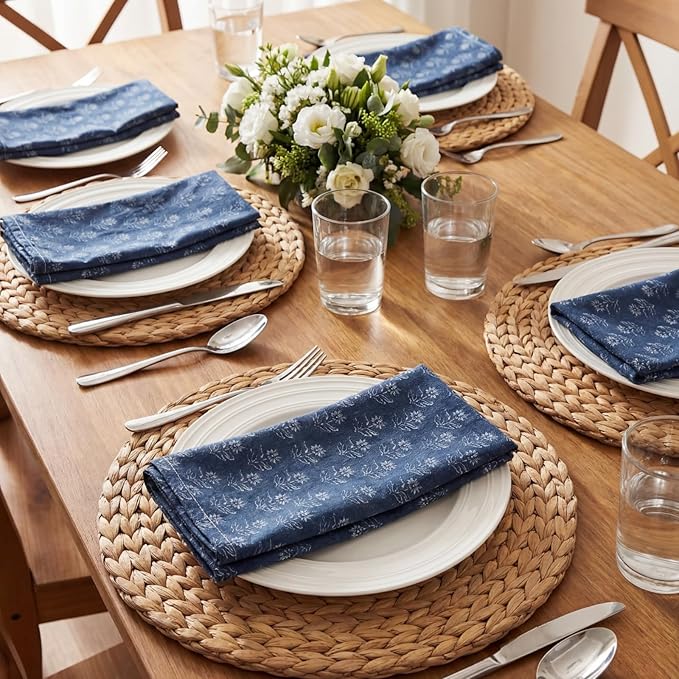 Mindsoft Set of 12 Floral Cloth Napkins Linen Cloth Napkins Spring Flower Wildflowers Dinner Napkin 18 x 18 Inch Vintage Washable Reusable for Dinner Home Restaurant Wedding Decor(Navy Blue,12 Pcs)
