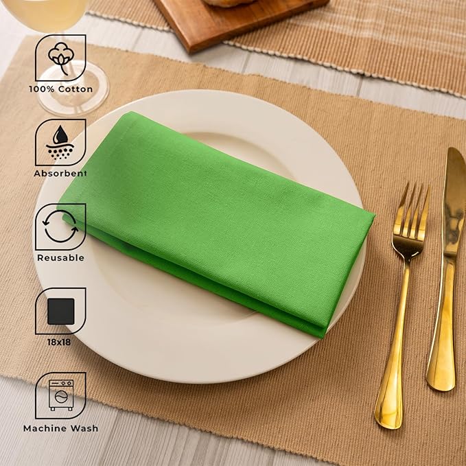 Blue Needles Solid Cloth Napkins Set of 12 Apple Green 100% Cotton Dinner Napkins 18x18 inches, Spring Summer Easter - Soft, Reusable, Absorbent & Washable Linen, Ideal for Parties & Everyday Use