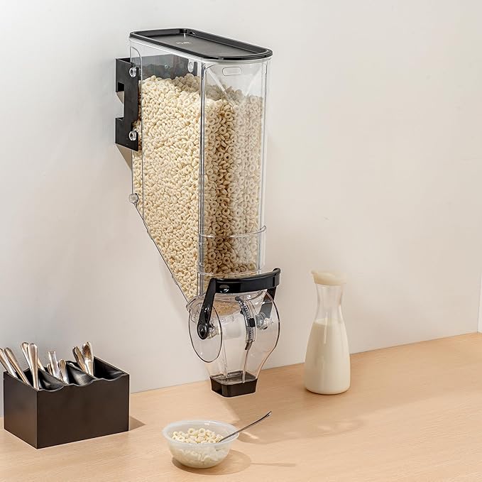 Restaurantware Cereal Dispenser 5 gal Plastic Wall-Mounted Gravity Bin Candy Dispenser Self-Serve Black Dry Food with Wall Mount Brackets for Breakfast Buffet or Hotel Use