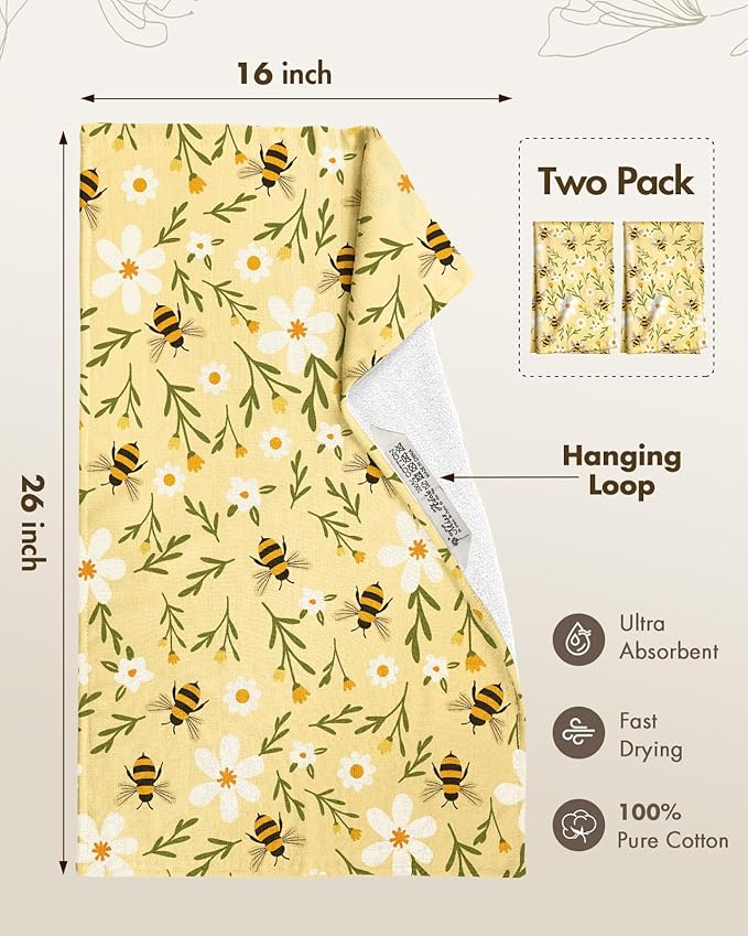 Miss Adola Cotton Kitchen Towels Set of 2 - Cute Design 16×26 Inch Dish Towels for Kitchen with Hanging Loop Bee Quick Dry Hand Towels Soft & Absorbent, Home Decorative,Terry Cloth Tea Towels