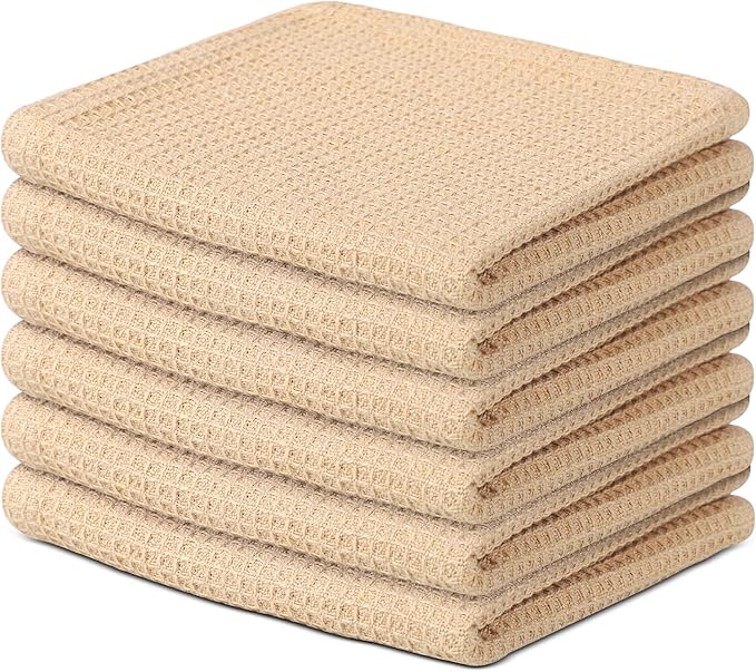 Vintage Vista 100% Cotton Waffle Dish Cloths (Pack of 6) - Dish Rags for Washing Dishes - Reusable & Highly Absorbent Kitchen Towels - Kitchen Rags fo Easter - (12" x 12" - Beige)