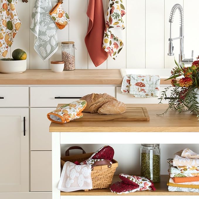 Martha Stewart Woodland Harvest Jacquard Mushrooms Kitchen Towel 2-Pack Set, 100% Cotton with Absorbent Honeycomb Texture, Decorative Kitchen Towels, Brown, 16"X28"