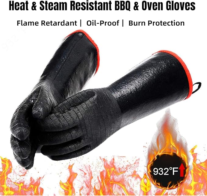 14 Inch BBQ Grill Flame Retardant Heat Insulation Gloves, Neoprene & Cotton Lining, 932°F Heat Resistant Oven Mitts, Non-Burning Anti-Slip Grilling Gloves for Kitchen/BBQ/Camping/High-Temp Work