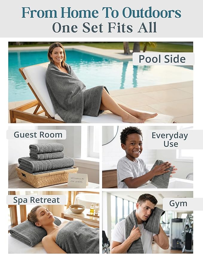 100% Cotton Bath Towels Set of 24 – 2 Bath Sheets, 2 Large Bath Towel, 2 Gym Towels, 4 Fingertip, 6 Hand, 8 Washcloths, Soft & Quick Dry, Premium Hotel Quality Comfort, Easy To Wash – Ultimate Grey