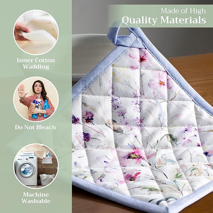 Maison d' Hermine Pot Holders 100% Cotton Heat Resistant Potholders 8" x 8" Hot Pads with Loop BBQ Cooking Baking Gifts for Mothers Day Handling Hot Pans Spring/Summer (Pack of 1, Summer Floral)