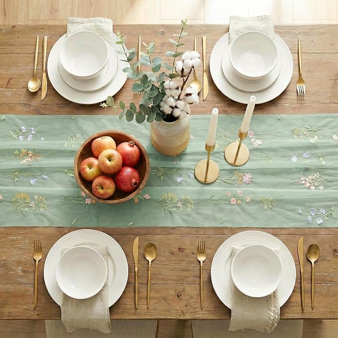 Artoid Mode Wildflower Floral Sage Green Gauze Embroidery Table Runner 120 Inch 10FT, Tulle Seasonal Spring Kitchen Dining Table Decor for Home Party