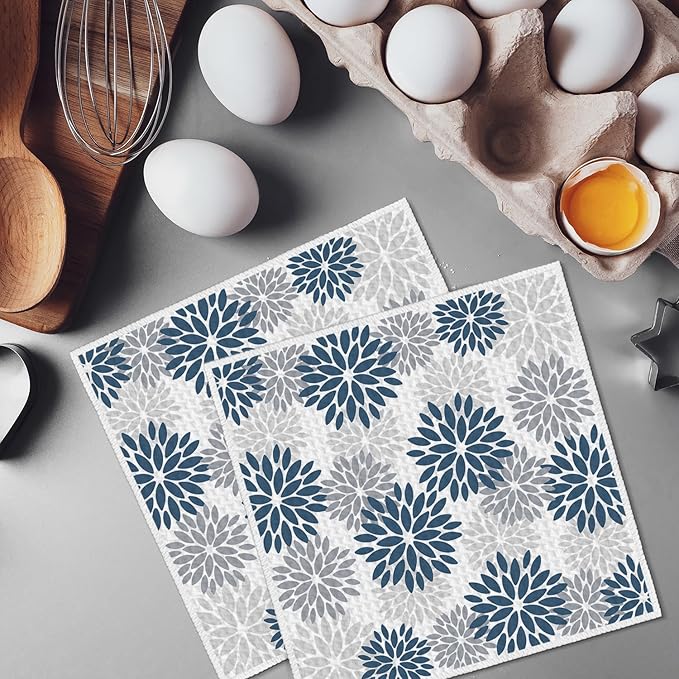 Artoid Mode Aqua Dahlia Floral Kitchen Dish Cloths, 12x12 Inch Quick Dry Microfiber Dishcloths for Kitchen Premium Dish Rags Set of 2