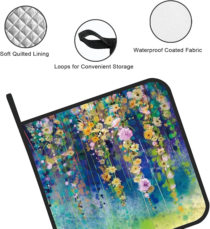 Abstract Floral Watercolor Painting Pot Holders Set of 2 Kitchen Heat Resistant Potholder for Microwave Cooking Baking Oven End Dishes and BBQ