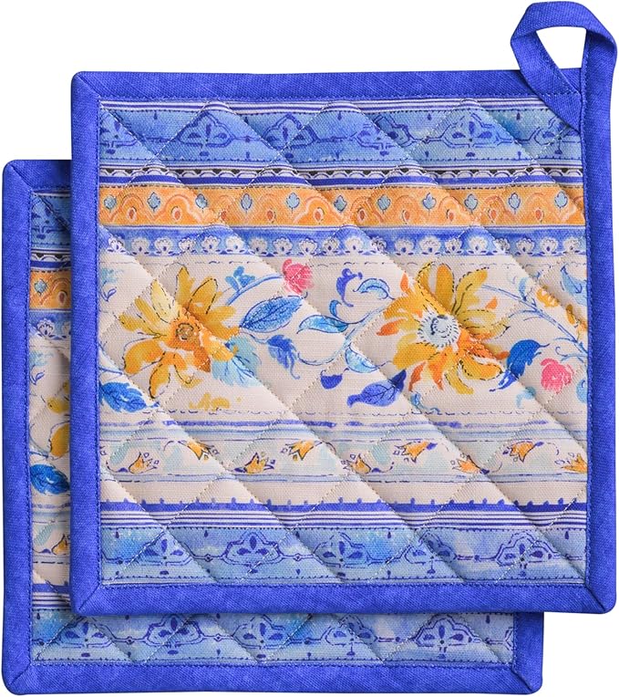 Maison d' Hermine Pot Holders 100% Cotton Heat Resistant Potholders 8" x 8" Hot Pads with Loop BBQ Cooking Baking Gifts for Mothers Day Handling Hot Pans Spring/Summer (Pack of 2, Girassol)