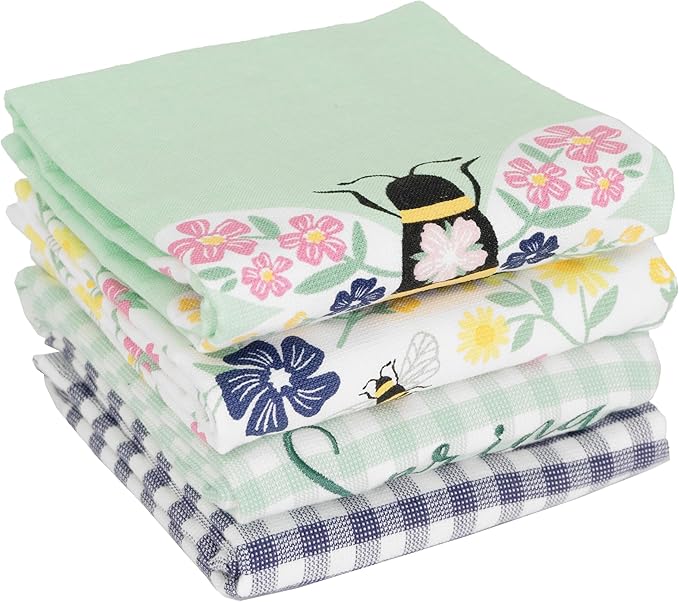 Ritz 100% Cotton Kitchen Towels, Spring Bee – 16"x26" – Absorbent Dish Towels for Drying & Cleaning – Soft & Durable (Set of 4)