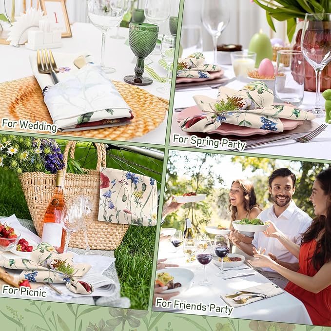FuWeave Set of 12 Spring Butterfly Cloth Napkins Washable Decorative Dinner Cocktail Floral Napkins 20'' x 20'' Tea Party Decor for Easter Day Summer Bridal Shower Birthday Wedding Kitchen Supplies