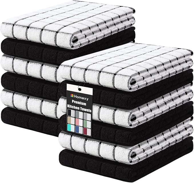 Homaxy Premium Cotton Kitchen Towels 16"x 28", Large Natural Ring Spun 390 GSM Dish Towels, Super Absorbent Terry Kitchen Hand Towels, Soft Tea Towels with Hanging Loop, Black Check Design, 12 Pack