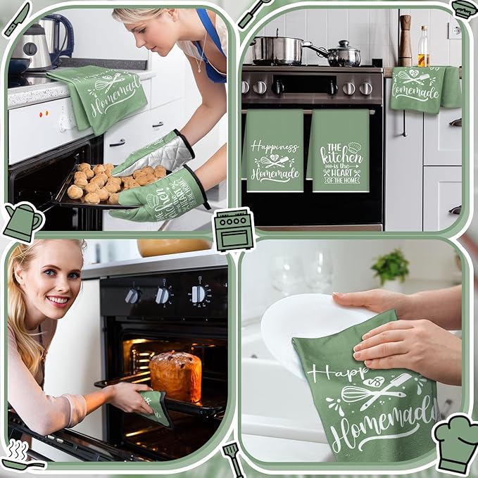 Sratte 6 Pcs Kitchen Decor Accessories Set Farmhouse Towels Pot Holders Oven Mitts Set 2 Dish Towels 2 Potholders 2 Cooking Mittens Oven Glove for Christmas Baking Cooking Supply(Sage Green,Kitchen)