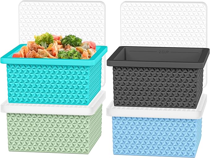Silicone Freezer Molds for Soup Cube - 2-Cup Freezer Storage Container Tray with Lid,4 Pack Stackable Ice Cube Trays for Portion Control,Food Storage & Meal Prep (Blue+Green+Light Blue+Dark Gray)