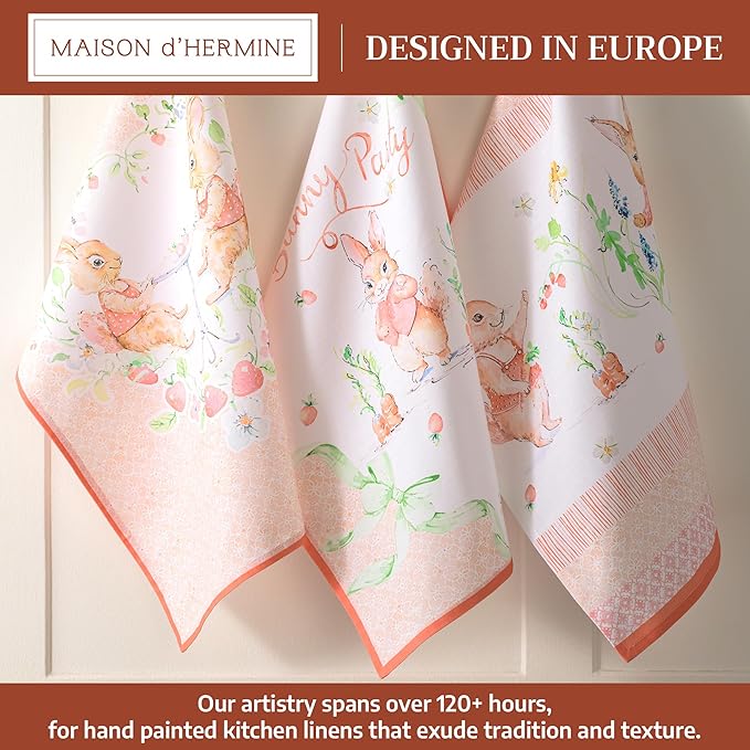 Maison d' Hermine Kitchen Towels Set of 3 100% Cotton 27.50" x 20" Reusable Cloth Tea Dish Towels Absorbent with Hanging Loop for Kitchen Gifts for Mothers Day Spring/Summer (Bunny Party)