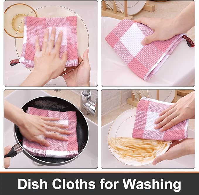 Mordimy 100% Cotton Waffle Weave Plaid Dish Cloths, 12 x 12 Inches, Super Soft and Absorbent Quick Drying Buffalo Check Dish Rags for Kitchen, 6-Pack, Pink