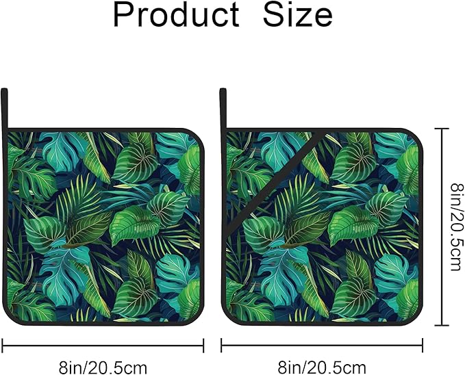 Green Tropical Leaves Pot Holders Set of 2 Kitchen Heat Resistant Potholder for Microwave Cooking Baking Oven End Dishes and BBQ