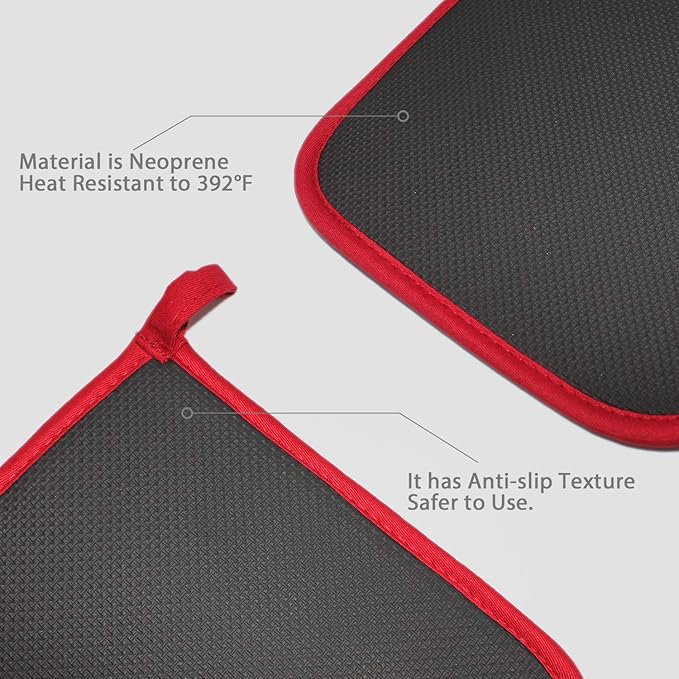 2Pcs Cotton and Neoprene Oven Pads Pot Holders with Pocket 8"x8.5" Dual-Function Hot Pad Set for Finger Hand Wrist Protection Heat Resistant to 428°F,Red