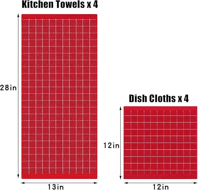 Homaxy Kitchen Towels and Dishcloths Set, 12 x 12 and 13 x 28 Inches, Set of 8 Bulk Cotton Terry Kitchen Towels Set, Checkered Designed, Soft and Super Absorbent Dish Towels, Red