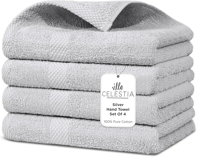 Premium Silver Hand Towels-100% Cotton, Soft & Absorbent, Fast Drying, Elegant Salon Spa Hotel Set of 4 (16''x 28'')