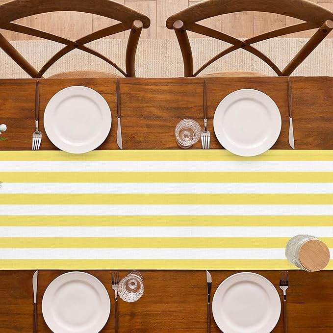 Yellow and White Cabana Striped Table Runner Birthday Party Decoration Baby Shower Dining Room Home Kitchen Table Decor (Yellow, 13" x 108")