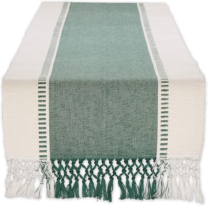 DII Dobby Stripe Woven Table Runner, 13x72 (13x77.5, Fringe Included), Dark Green