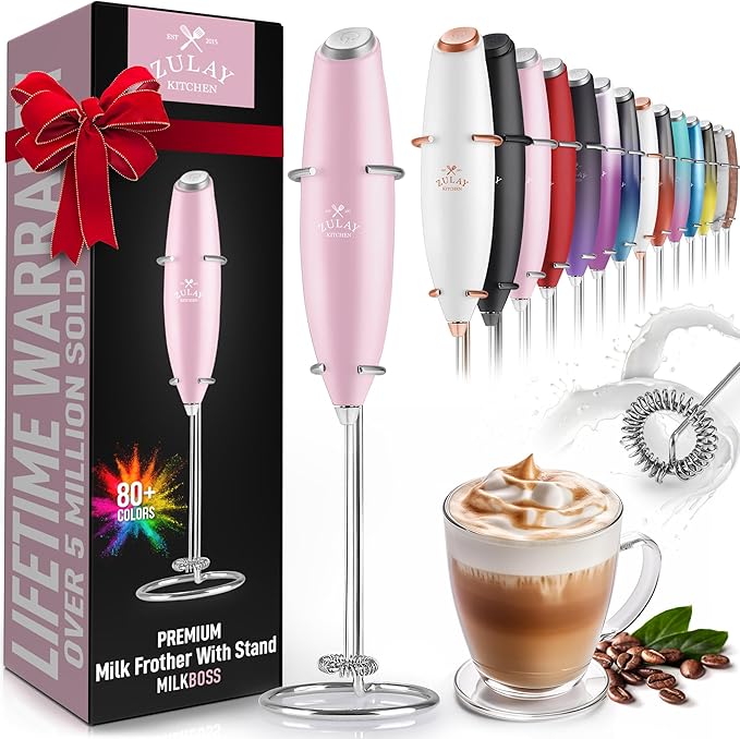 Zulay Kitchen Powerful Milk Frother Wand - Ultra Fast Handheld Drink Mixer - Electric Whisk Foam Maker for Coffee, Lattes, Cappuccino, Matcha & Creamer - Innocent Pink