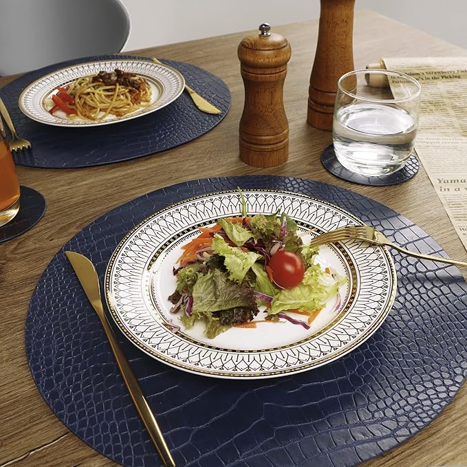 Round Leather Placemats for Round Tables Set of 8, Blue Table Place Mats and Coasters, Washable Easy to Care for Indoor Decor 13" Diameter