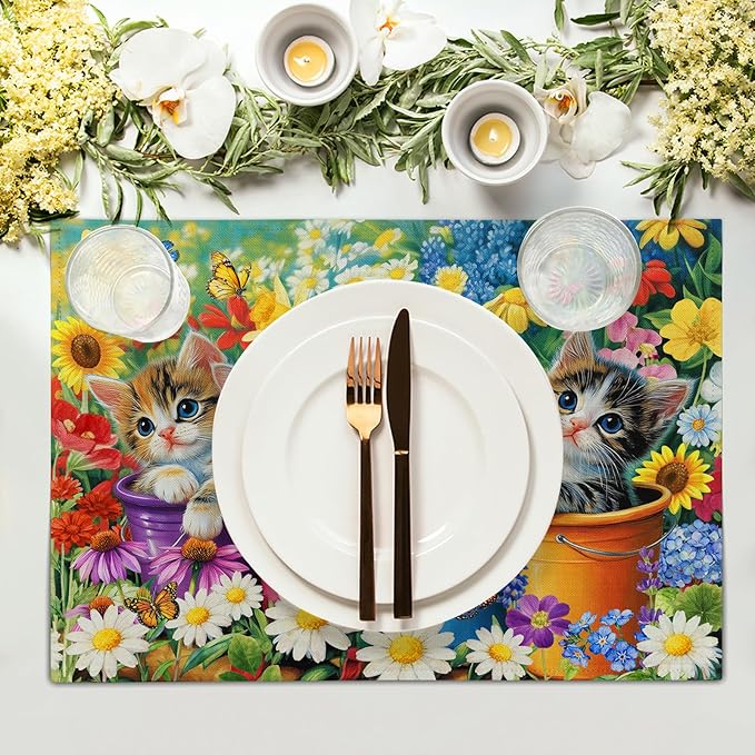 Funny Cats Placemat Set of 4 Colorful Floral Cloth Table Place Mat for Dining Kitchen Party Decor