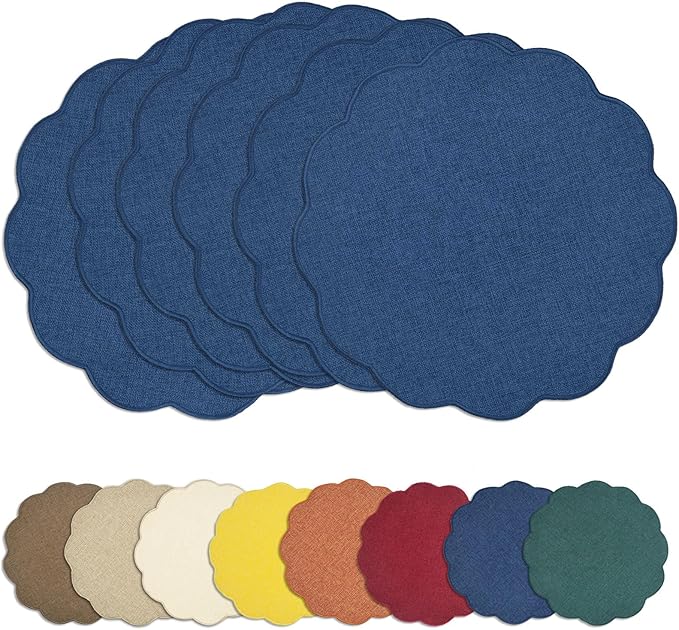AHHFSMEI Round Faux Linen Placemats Set of 6 Heat Resistant Non-Slip Stain Proof Table Mats for Kitchen Dining Elegant Decor Place Mats (Navy Blue,6)