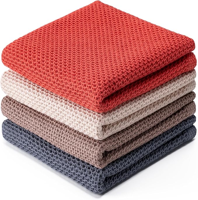 BOOMIBOO 4-Pack Dish Towels, 100% Cotton Waffle Weave, Ultra Soft Absorbent, Quick Drying,Mixed Color,13x28 Inches