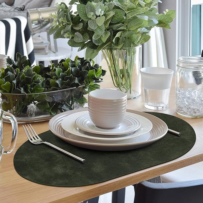 ADRIMER Placemats, Heat Resistant Oval Placemats Set of 6 Washable 12 x 17 Inch, Waterproof Table Mats, Wipeable Pu Place Mats for Kitchen, Dining Room, Olive Green