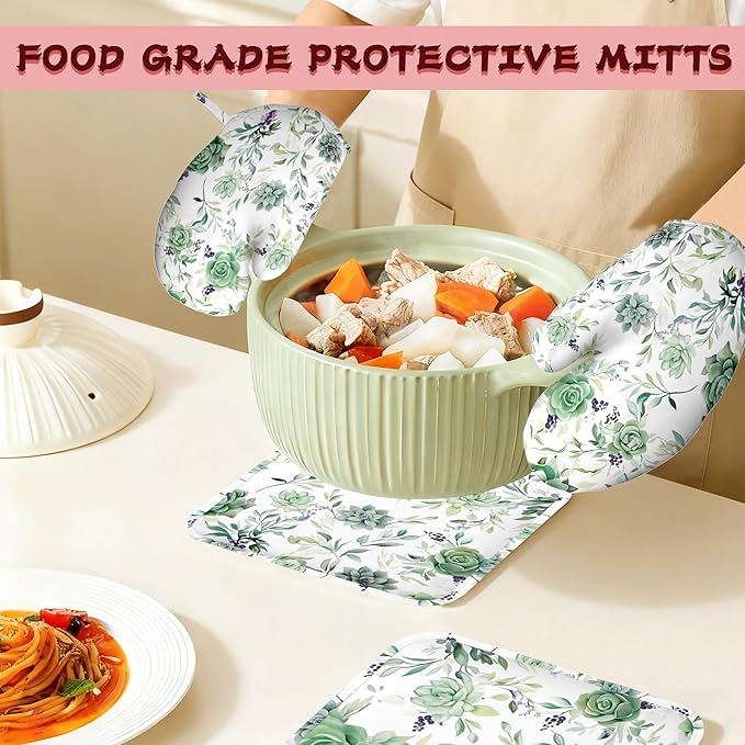 Succulent Plants Flowers Oven Mitts and Pot Holders (4PCS),Heat Resistant Non-Slip Silicone Kitchen Gloves for Cooking, Baking, BBQ Waterproof Kitchen Accessories