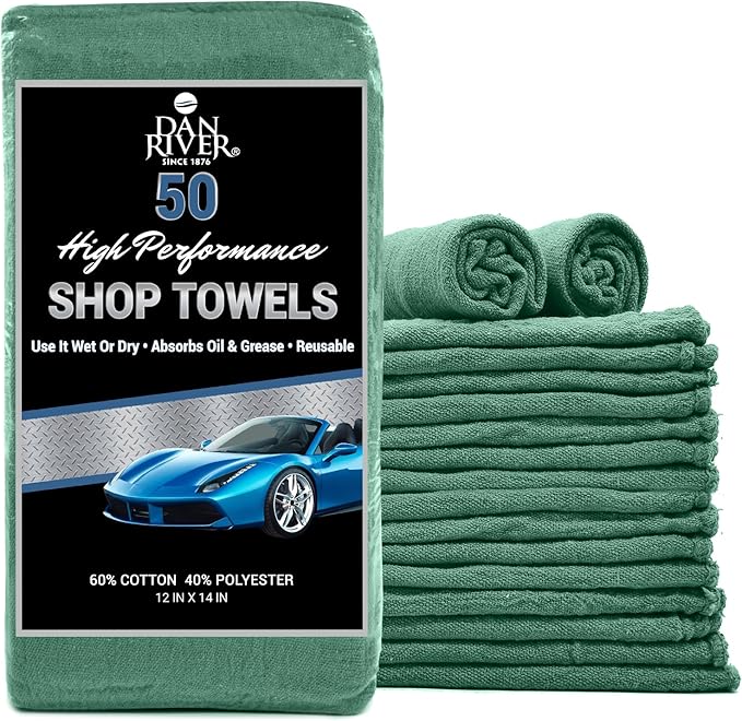 DAN RIVER Shop Towels, 50 Pack Commercial Use Green Terry Cloth Rags for Cleaning Cars & Household Surfaces – Well Absorbent, Reusable Cleaning Rags & Wash Clothes – Washable Towels