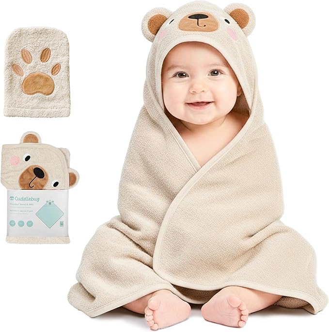 CuddleBug Premium Hooded Baby Bath Towel & Washcloth Set (Bear) - 100% Cotton Terrycloth Hooded Baby Towels for Newborn & Toddler - Super-Soft & Absorbent, Newborn Essentials (33" x 33") - Honey Beige