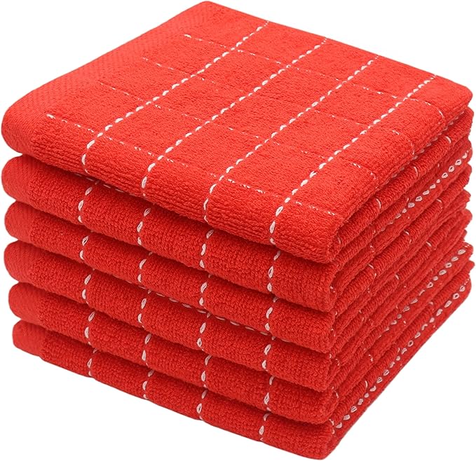 Natural Cotton Dish Cloths Waffle Weave Kitchen Towels,Ultra Absorbent Quick Drying Dish Towels, Soft Comfort Cleaning Cloth Washcloths, Set of 6 (Red, 12 x 12 Inches)