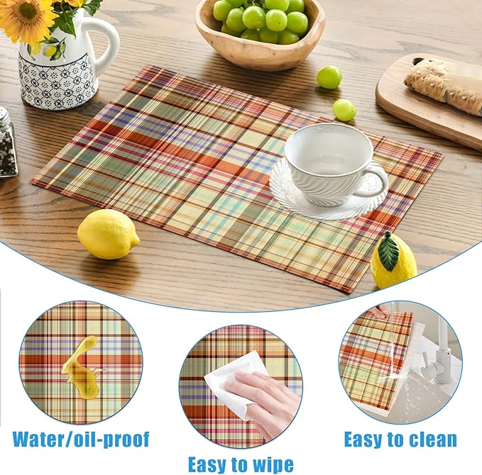Rustic Colorful Plaid Placemats Set of 6, Vintage Grid Washable Linen Place Mat Heat Resistant Non Slip Kitchen Dining Table Mats 12x18 Inch